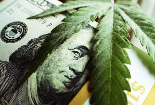 hoja de marihuana en la parte superior de un billete de 100 dólares