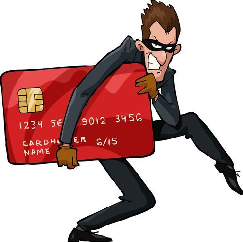 cartoon image of a thief holding a large credit card