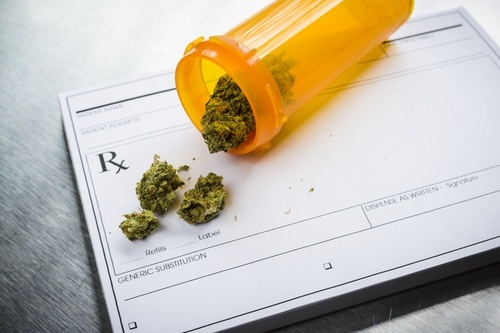 a canister holding marijuana spilling bud onto a prescription pad