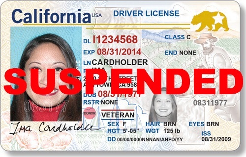 California driver's license marked "SUSPENDED"