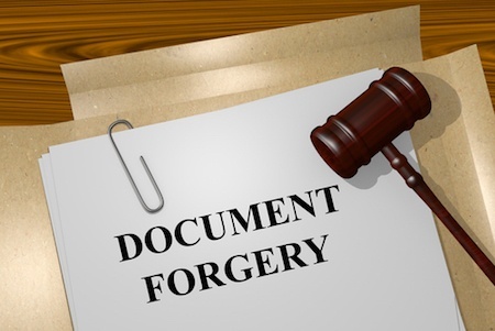 stack of papers titled "document forgery"