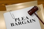 gavel next to a paper that says "plea bargain"