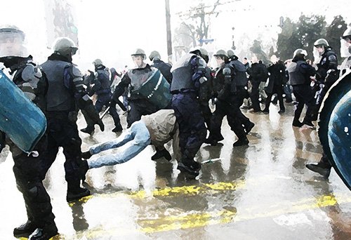 police officers in riot gear dragging a man as an example of what may be grounds for a Section 1983 lawsuit