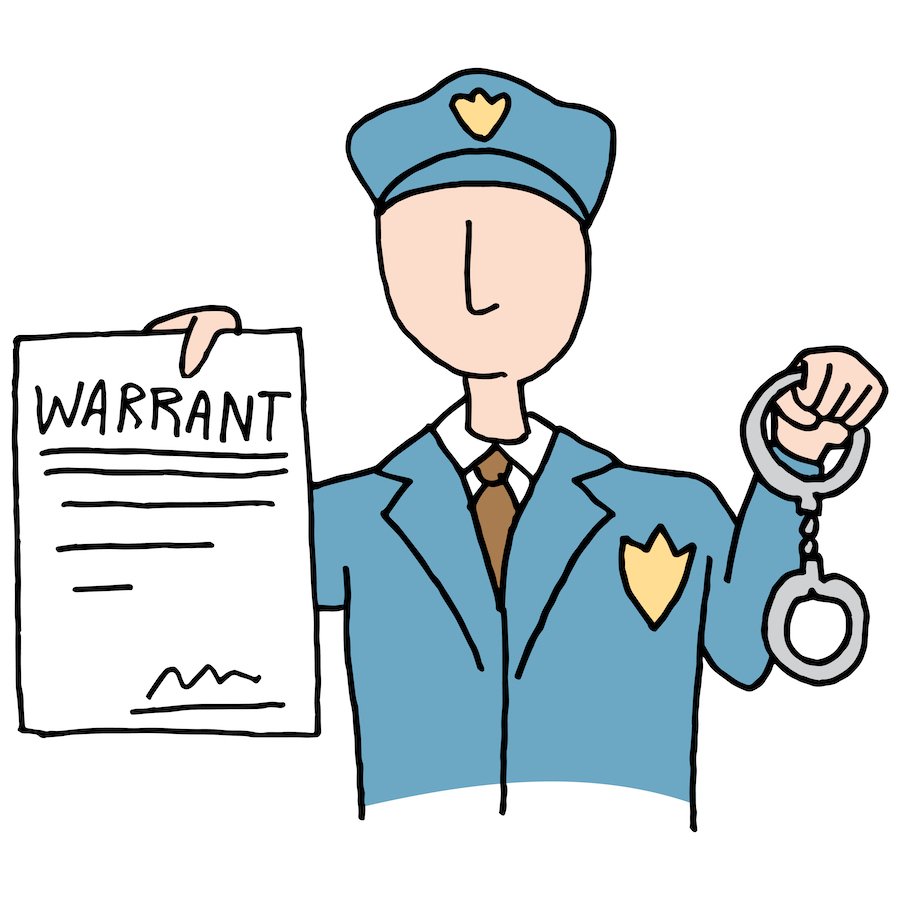Cartoon of a police holding a warrant.