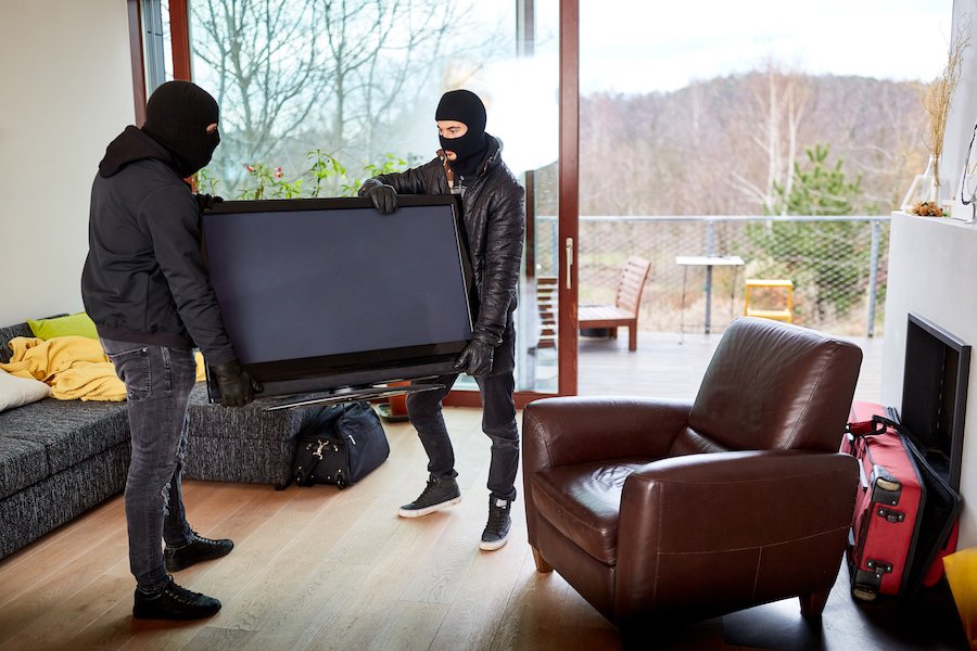 Two burglars stealing large flatscreen TV