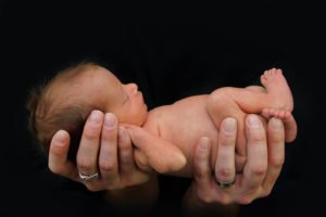 Adult hands holding premature baby