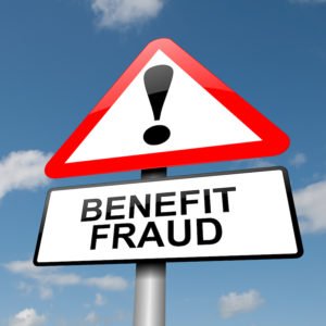 Sign saying "benefit fraud" and an exclamation mark, indicating welfare fraud under WIC 10980.