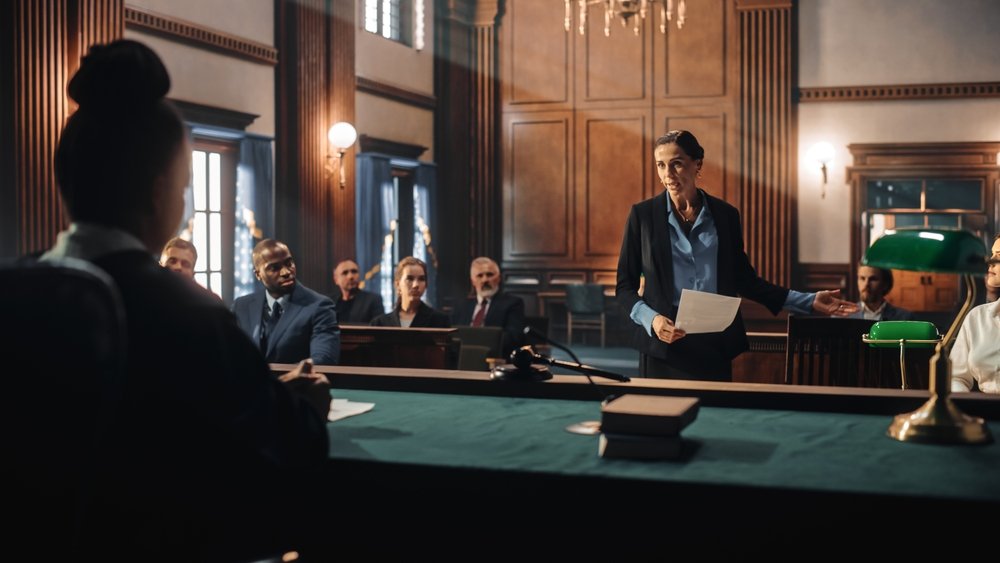 An attorney representing her client in a courtroom, perhaps to file a motion to withdraw a plea.