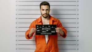 Mug shot of man in orange jump suit