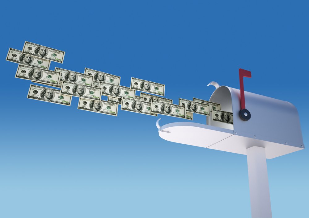A graphic of cash flying into a mailbox.