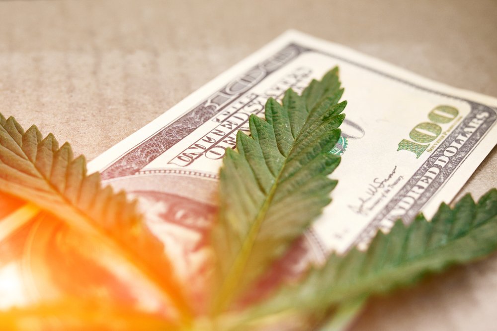 A marijuana leaf on top of a hundred dollar bill.