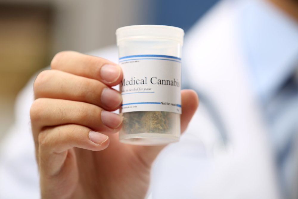 A person wearing a lab coat holding medical cannabis.