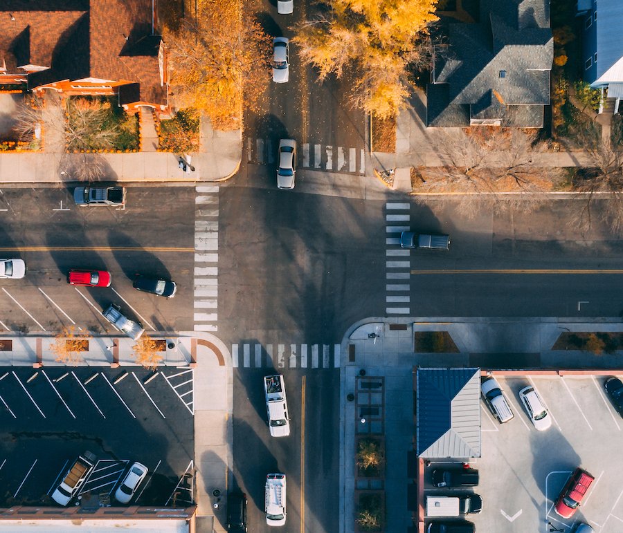 overhead view of four-way stop