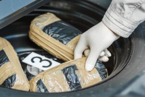 A government agent sifting through bags of drugs stowed away in the spare tire area of a vehicle.