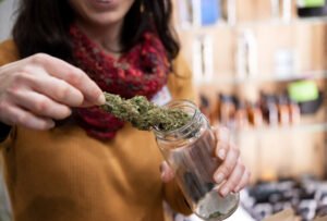 Una mujer mostrando una flor de marihuana grande en una tienda potencialmente sin licencia.