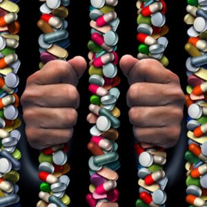 Hands holding jail cells in sea of drug pills
