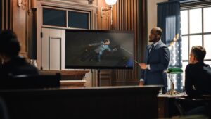 Murder trial where a prosecutor is showing a photo of the crime scene