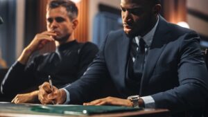 Attorney and defendant in courtroom