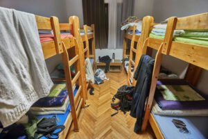 Dorm room showing several bunk beds
