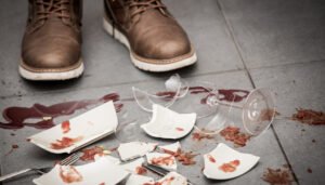 Closeup de los zapatos de un cliente de restaurante parado frente a un plato roto y una copa de vino en el piso