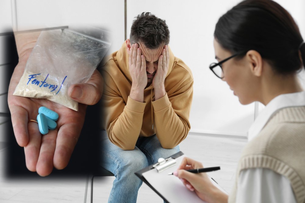 Addicted man in anguish at a drug counselor treatment appointment.