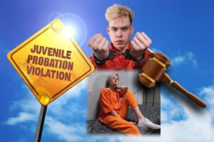 Image montage: juvenile teen boy holds out his handcuffed wrists, while a juvenile teen girl relaxes in a jail cell, a street sign displaying the words "juvenile probation violation" stands in front of a blue sky background, while a judge's gavel in the foreground overlays all the imagery.